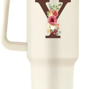 NEW Insulated Travel Mug with Handle, 40 oz Capacity, Floral "Y" Monogram,