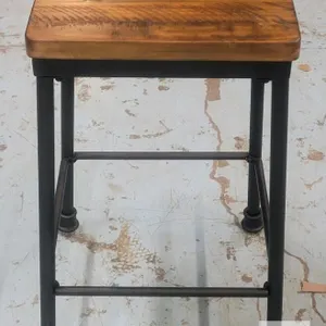 Modern Industrial-Style Metal Bar Stool with Wooden Seat, 24-Inch Seat Height, Matte Black Frame
