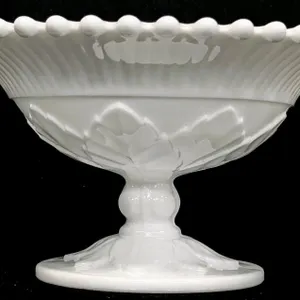 Vintage Imperial Doeskin Milk Glass Leaf Pedestal Bead Edge Footed Compote/Centerpiece Bowl, 10" Diameter × 5.35", No Chips or Cracks