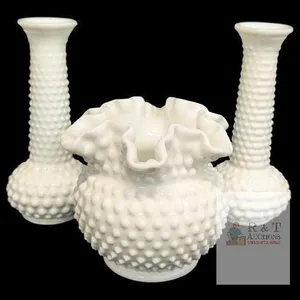 Pair of Vintage Signed E.O. Brody Co. USA White Milk Glass Hobnail Bud Vases 7.5" Tall & Unsigned Fenton Ruffled Crimped Rim Round Hobnail Vase 5.