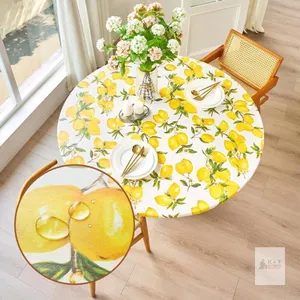 New Round Tablecloth with Elastic Edge, Waterproof Plastic Table Cover, Lemon Summer Table Cloth Fits Round Tables for Outdoor Dinner Kitchen Indoor P