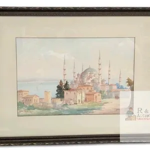 Vintage Signed Original Serif Renkgorur (1887-1947) Istanbul Watercolor on Paper, Framed 23.7" × 18.4"