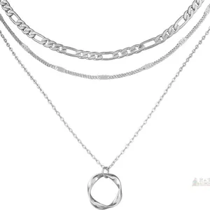 New 3pc Thaivor Stacking Necklaces, Paperclip Chain, Circle Pendant, Super Shiny