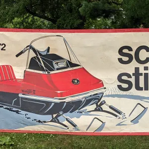 LARGE 1972 SCORPION STINGER SNOWMOBILES BANNER SIGN "SEE THE BIG RED ONE FOR '72"