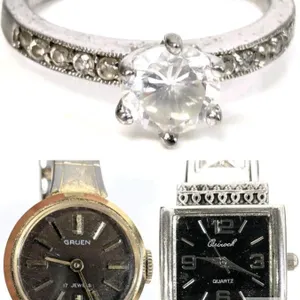 Working Vintage Gruen 17 Jewels Gold Tone Wind-up Analog Ladies Watch With Hong Kong Expansion Band, Osinrock Women’s Cuff Watch & Size 7 CZ Solit