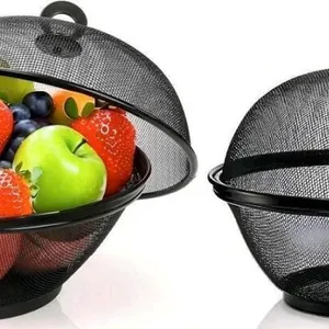 New 2-Pack Mesh Fruit Bakset with Lid, 10 Inch Wire Food Cover Protective Produce Holder Covered Fruit Bowl, Metal Vegetable Strainer for Kitchen Coun