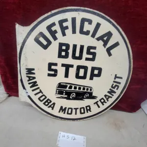 Vintage Manitoba Motor Transit "Official Bus Stop" Enamel-On-Metal Flange Sign 18 x 18"