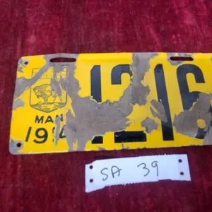 Vintage 1916 Manitoba Porcelain License Plate with Buffalo Emblem, Yellow and Black Matching