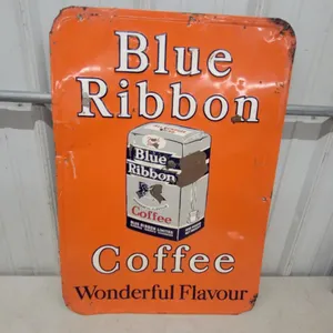 1953 Blue Ribbon Coffee "Wonderful Flavour" Metal Tin Embossed Advertising Sign 19 x 27"