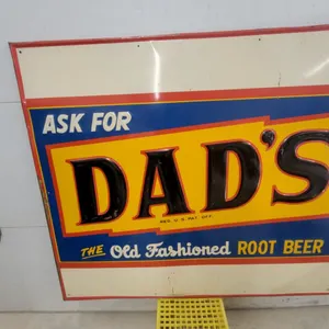 Vintage Dad's Old Fashioned Root Beer Embossed Metal Advertising Sign, "Ask For Dad's" 47 x 55"