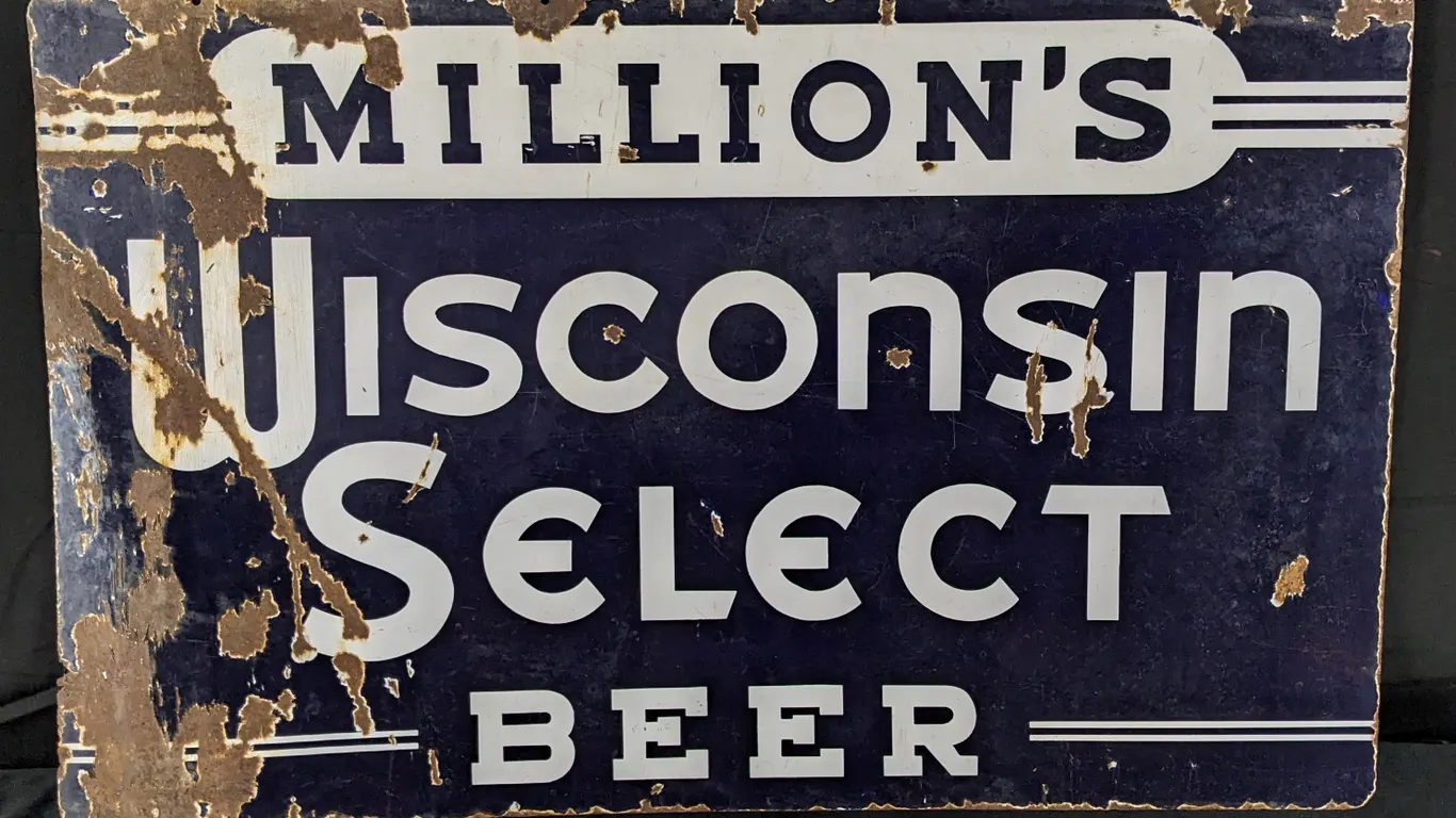 PORCELAIN SIGN MILLIONS WISCONSIN SELECT BEER NEW LISBON WISCONSIN (2 SIDED)