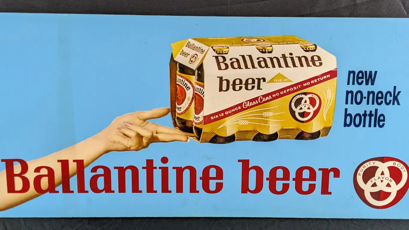 MASONITE SIGN BALLANTINE BEER NEW NO NECK BOTTLE 6 PACK