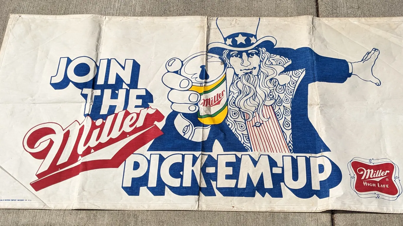 1970'S UNCLE SAM CANVAS BANNER SIGN JOIN THE MILLER PICK-EM-UP PROGRAM