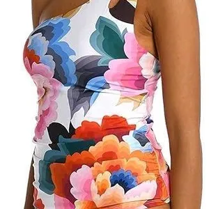 New Size 4 Women's La Blanca One Shoulder Keyhole Tankini Swimsuit Top With Tummy Control