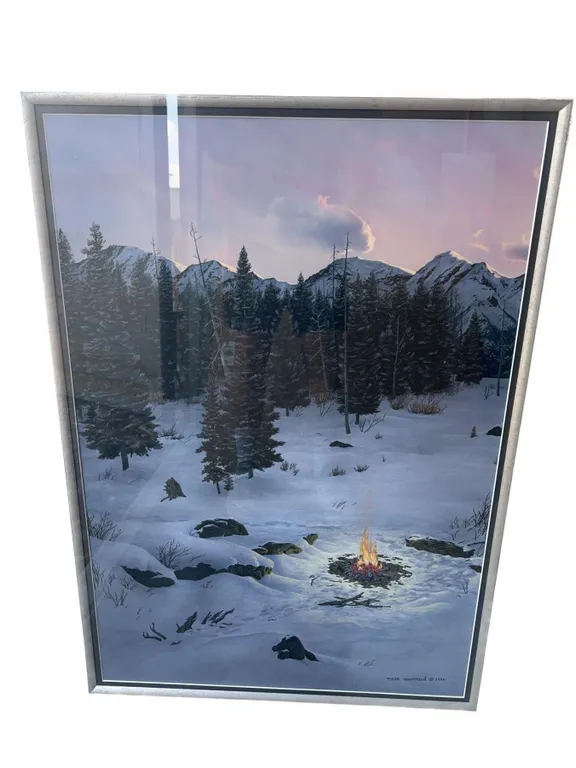 Tyler Thompson 1994 Signed Winter Campfire Landscape Painting, 21.5x31, Framed 42x33