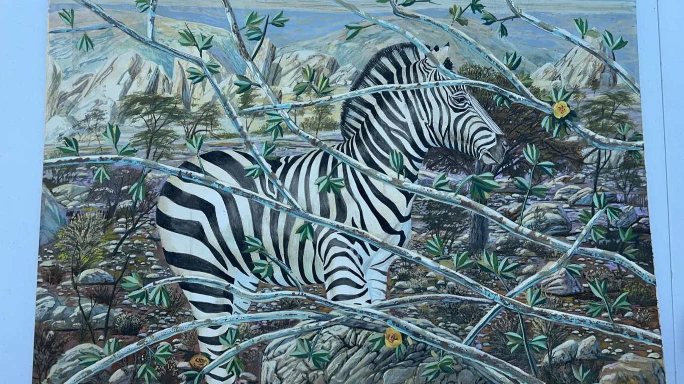 Zebra Landscape Painting Signed by Paul Lalande, 2003, 31x23 in