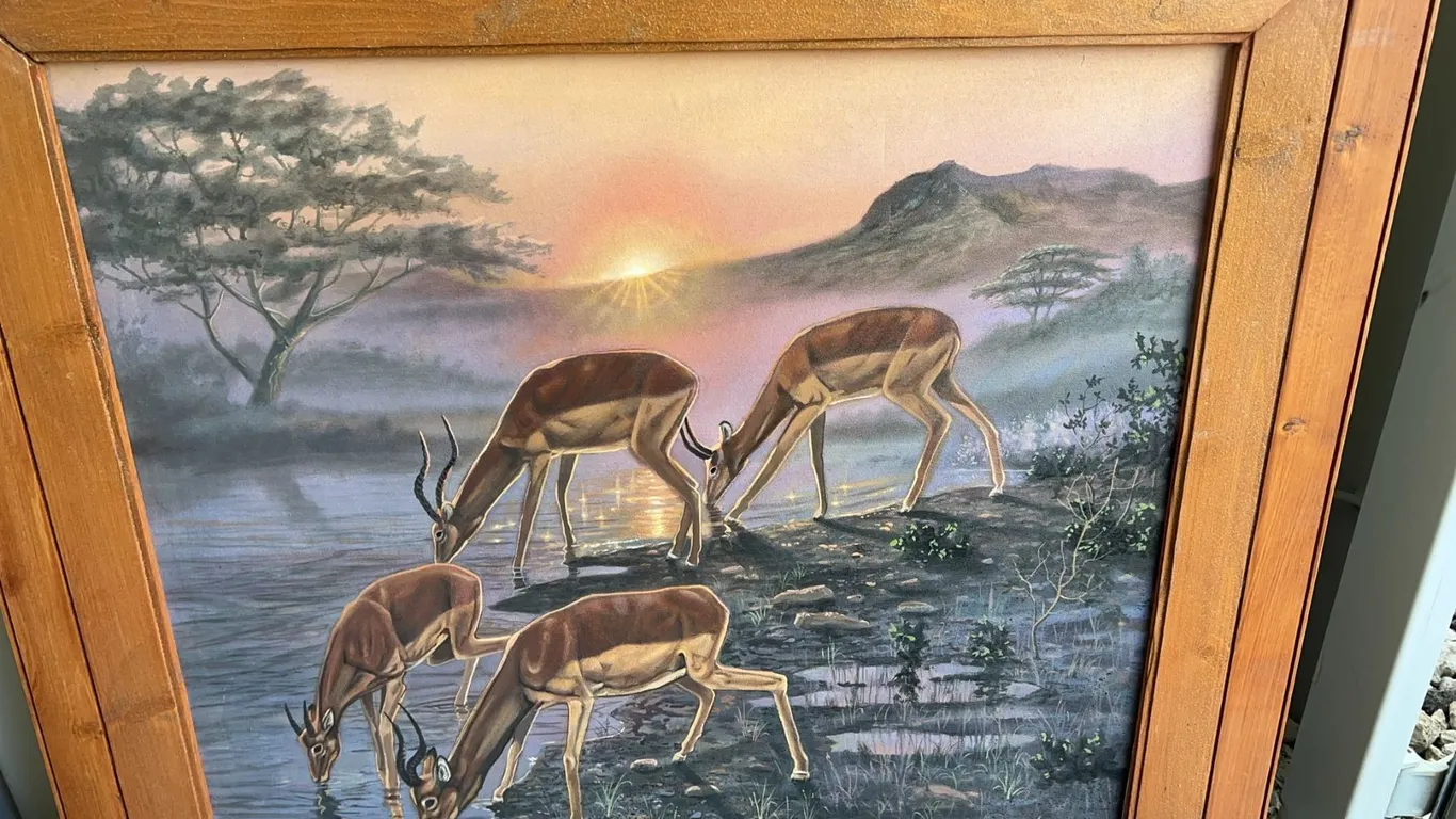 Paula Lalande 2002 Painting of Antelope at Watering Hole, 35.5x31, Framed 46.6x41.5
