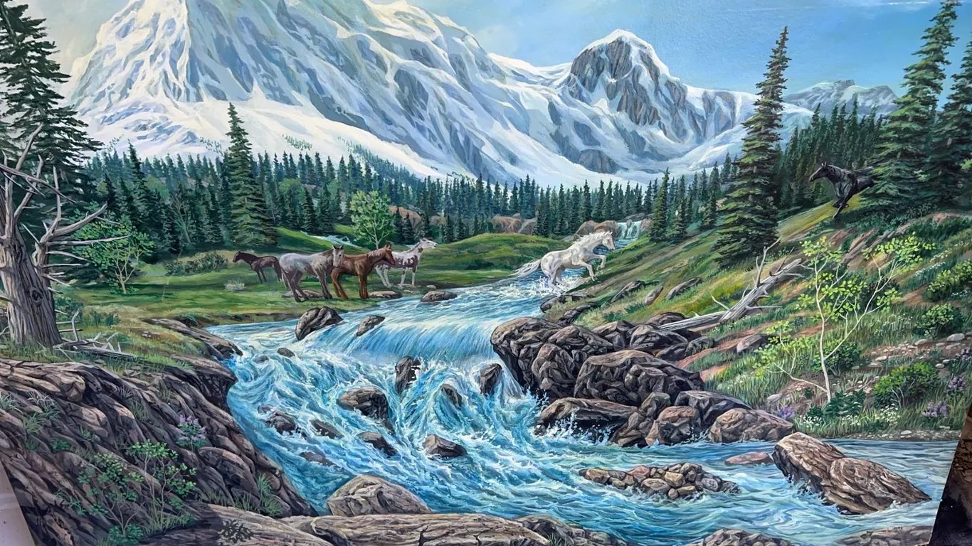 Paul Lalande Mountain Landscape Painting with Horses, 50” x 33.5”