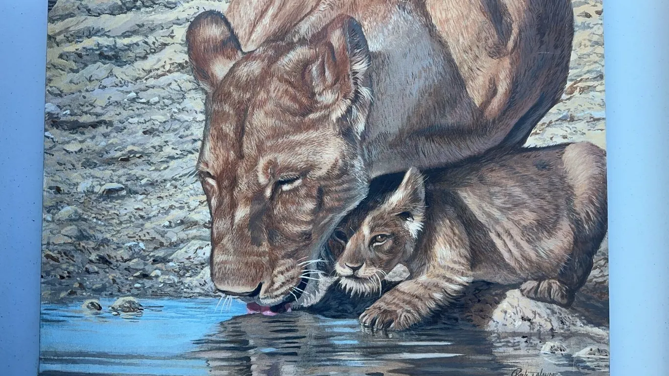 Paul Lalande 24x20 Painting of Lioness and Cub at Waterhole