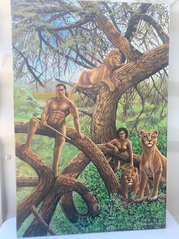 Paul Lalande 2002 Original Jungle Scene Painting, 24 x 36 Inches