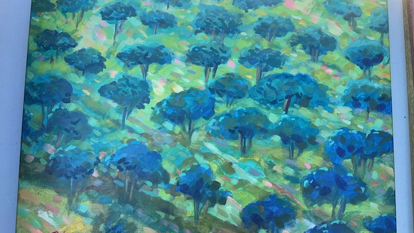 Paul Lalande 28x22 Landscape Painting with Blue Trees