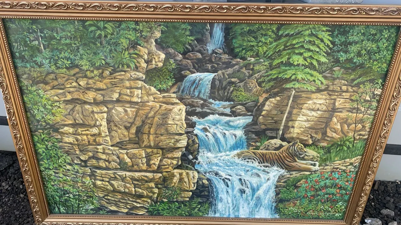 Paul Lalande 2003 Framed Original Tiger Waterfall Painting, 27x39 Frame