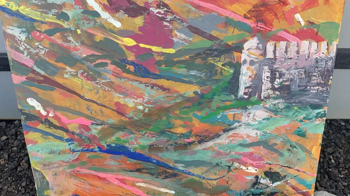 Abstract Landscape Painting With Building, 20 x 16 Inches