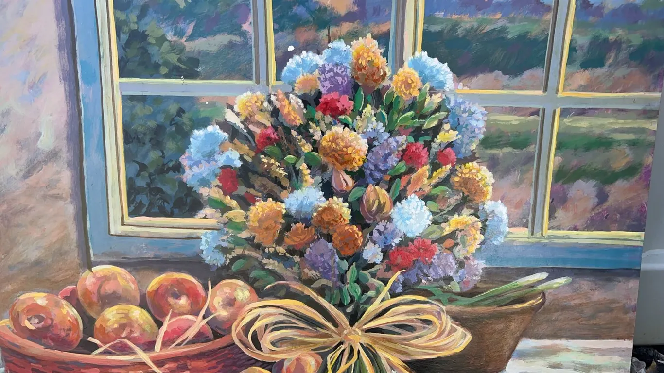 Paul Lalande 32”x24” Still Life Painting With Flowers and Apples