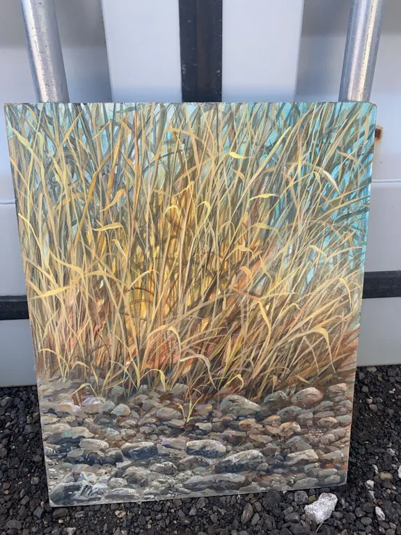 Original 16x20 Canvas Painting of Grasses and Rocky Ground