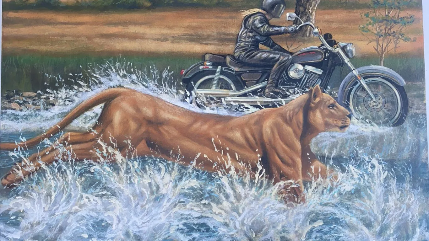 Paul Lalande 2000 Painting, Lioness and Motorcyclist, 30 x 25.5 in