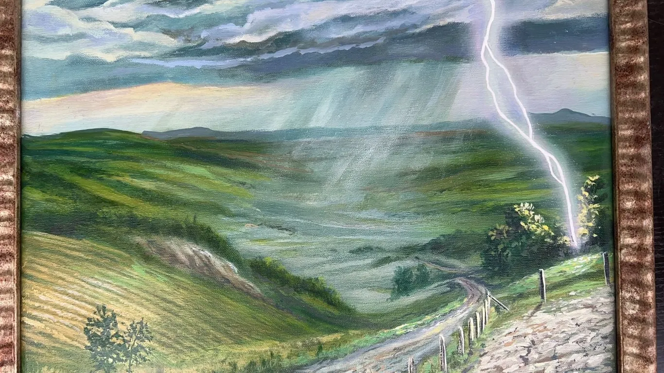 Paul Lalande Signed Landscape Painting with Lightning, Framed 21.5x17.5"