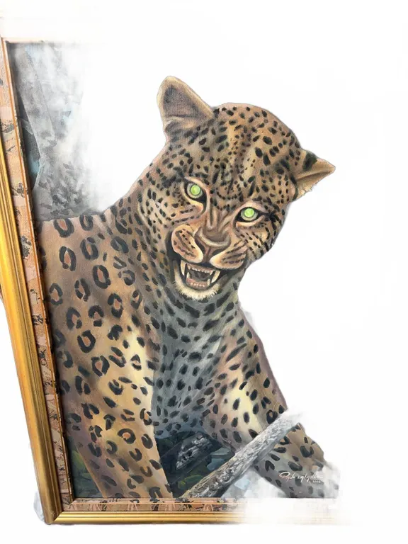 Paula Lalande 2002 Leopard Painting, 23"x36", Framed 29"x41.5"