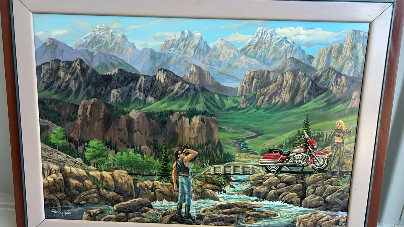 Paul Lalande Signed Painting With Motorcycle Scene, 35”x23.5”