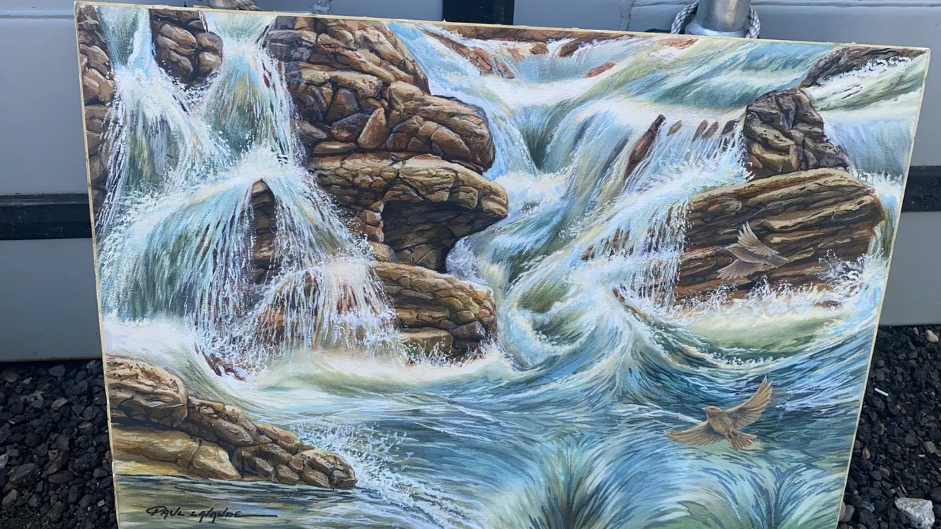 Original Waterfall Painting by Paul Lalande, 22 x 16 Inches