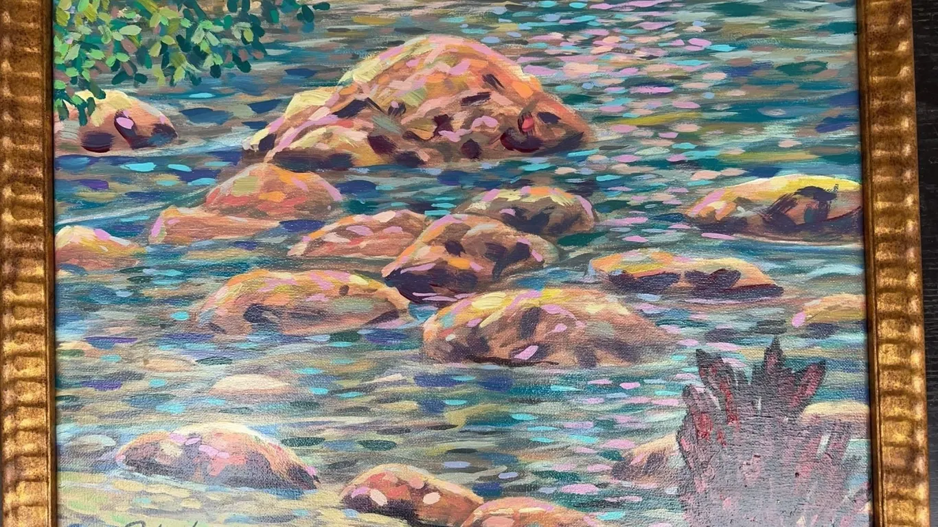 Original Paul Lalande River Rocks Oil Painting, 19.5x15.5”