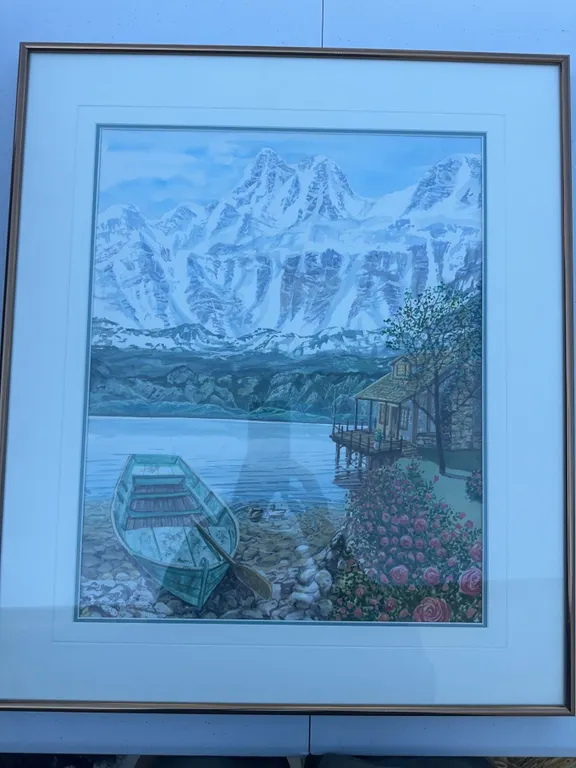 Framed Mountain Lake House Scene Print Signed Paul Lalande