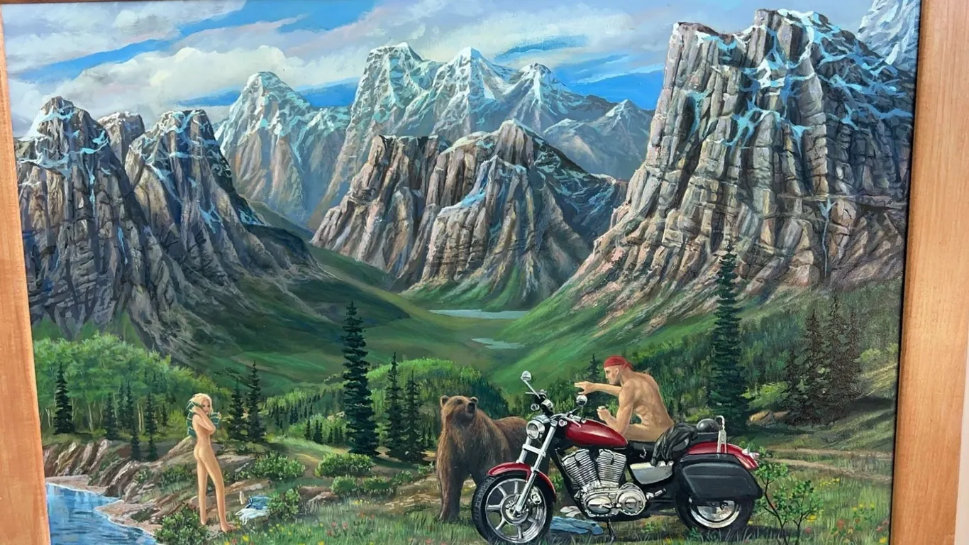 Paul Lalande 2004 Painting, Motorcycle Scene, 35.5x24 in, Framed