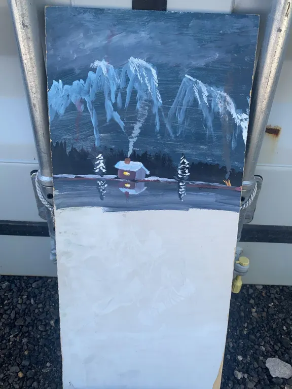 Double Sided Painting 25.5 x 11.5 in. Winter Cabin & Signed River Scene