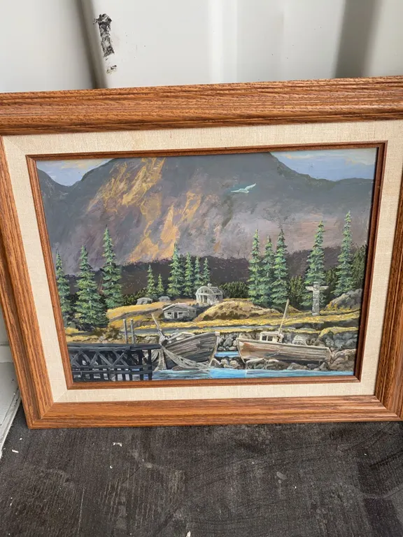 Framed Landscape Painting of Mountain, Boats, and Totem, Frame 18x15.5 Image 11x14