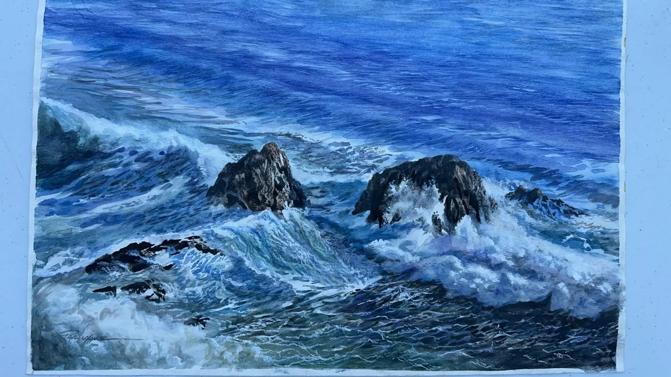 Paul Lalande 2000 Ocean Waves Watercolour Painting 18x12"
