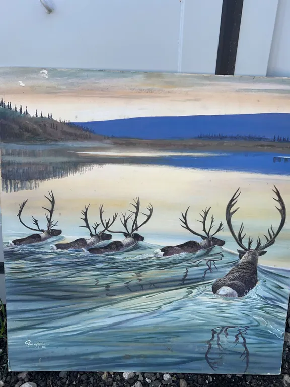 Paul Lalande 1986 Original Acrylic Painting, Caribou Crossing Lake, 31x32”