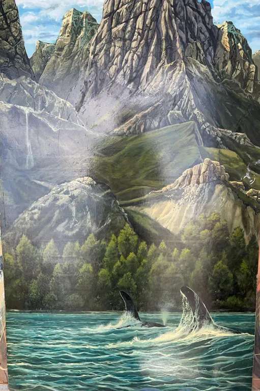 Paul Lalande Mountain Landscape Painting with Orcas, 48”x30”