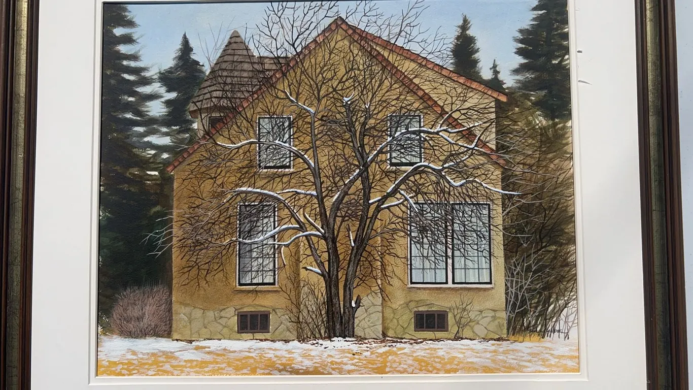 Framed Winter Landscape Painting With House, 20"x16" Artwork, 24.5"x28.5" Frame