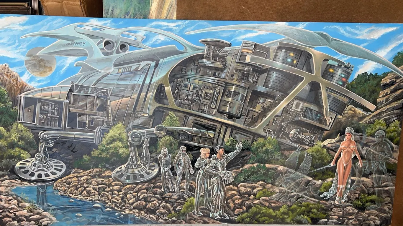 Paul Lalande 48”x25” Sci-Fi Spaceship and Astronauts Painting