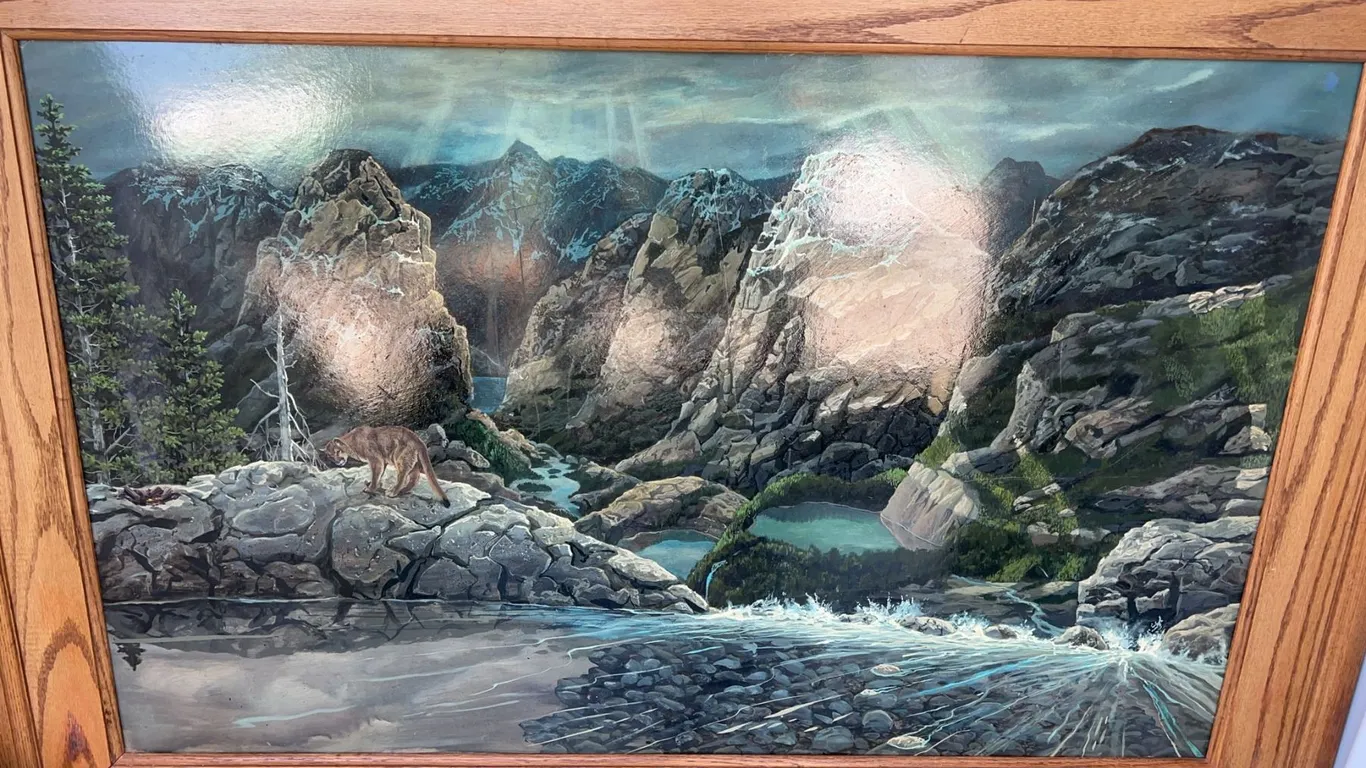 Paul Lalande Mountain Landscape Painting With Cougar, 57x39 Frame