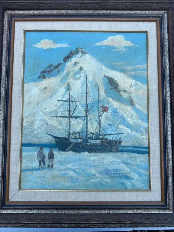Paul Lalande Arctic Ship Scene Oil Painting, 20x16, Framed 27x23.5