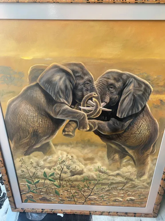Original Elephant Oil Painting Signed 2002, Framed 42.5 x 55 in, Image 34 x 47.5 in
