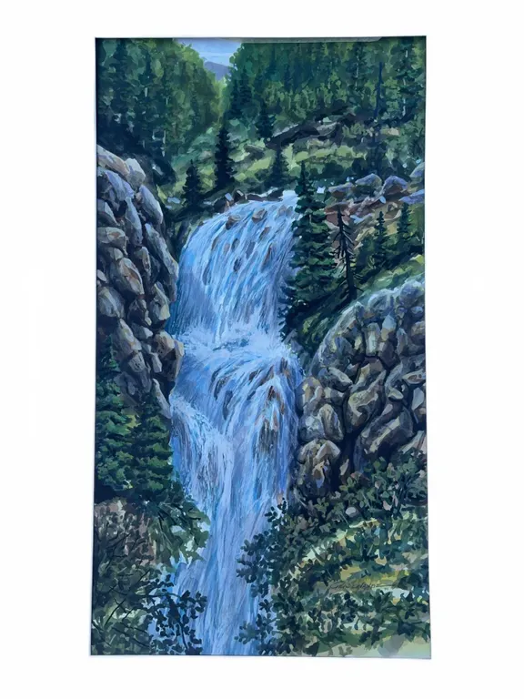Original Signed Waterfall Landscape Painting by Paul Lalande, 17.5”x9.5”