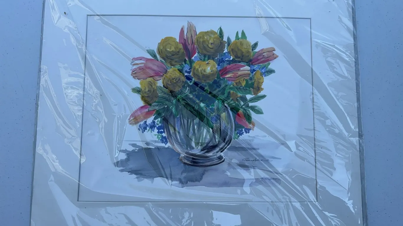 Paul Lalande Floral Watercolour, 13x10.5 in, Sealed
