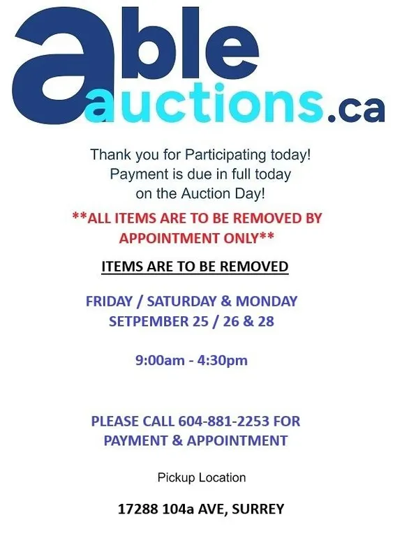 **Removal is by appointment only. Fri / Sat & Mon Sep 25 / 26 & 28 9am - 4:30pm**